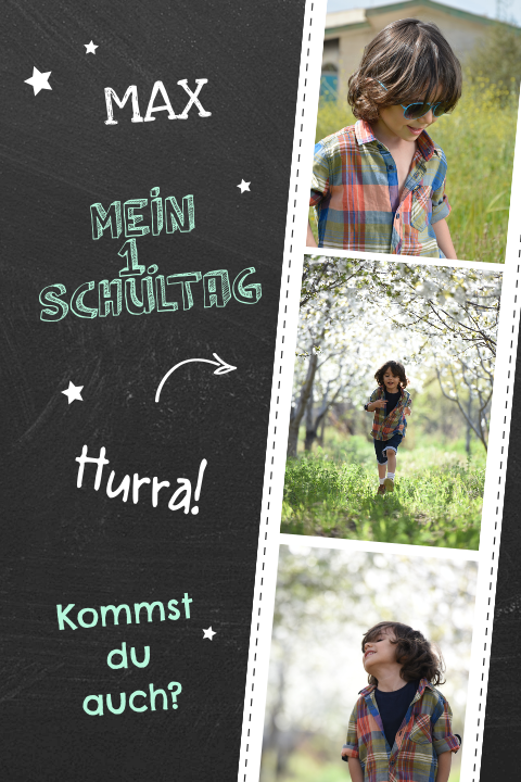 Einschulungskarte mit Fotostreifen auf Tafel für Jungen