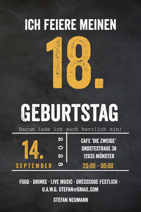 Einladung zum 18 mit gelben Farbakzenten und dunklem Hintergrund