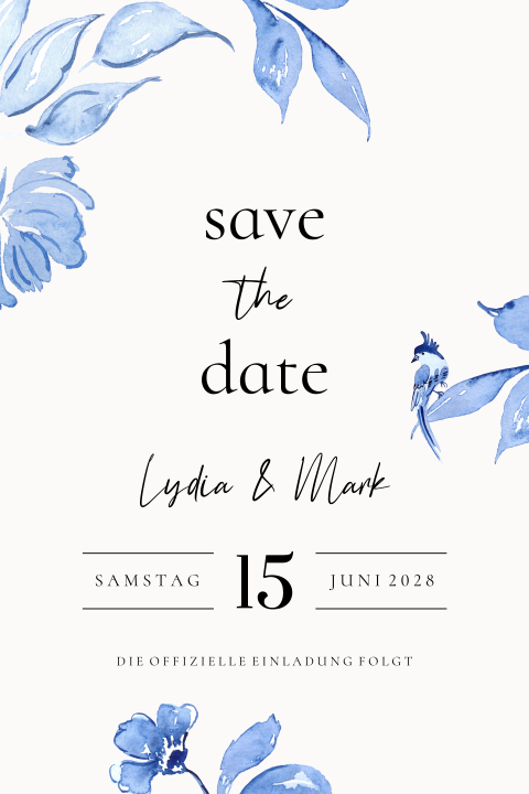 Save the date Karte in Delft Blau