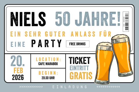 Einladung zum 50.Geburtstag mit Biergläsern im Ticket Design