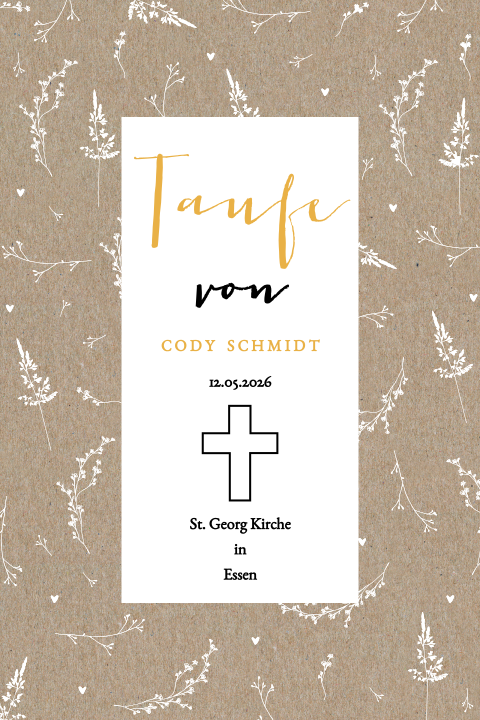 Einladung zur Taufe auf Kraftpapier mit Kreuz und kleinem Zweig