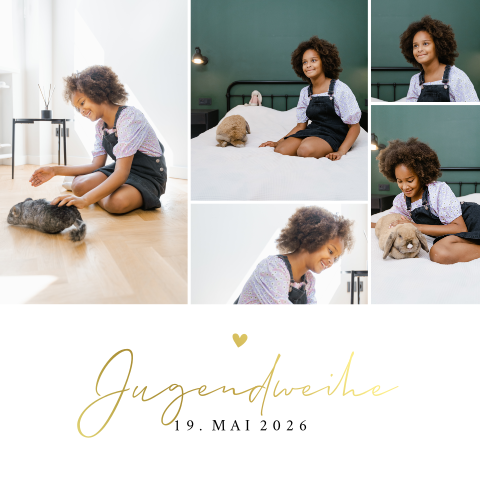 Einladung zur Jugendweihe mit Fotocollage und Goldfolie