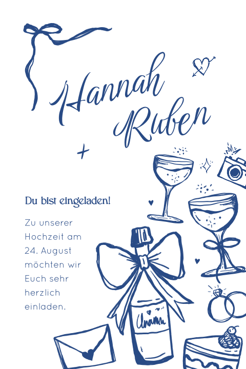 Handgezeichnete Einladungskarte zur Hochzeit mit Schleifchen