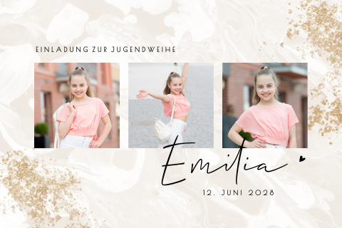 Verspielte Einladung zur Jugendweihe mit Goldflecken und Fotos