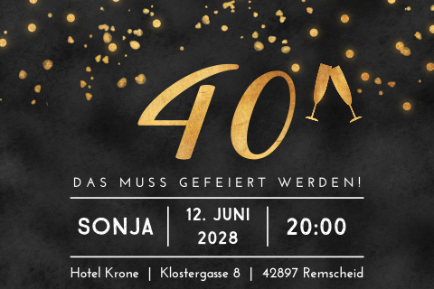 Elegante Einladung zum 40. in Schwarz und Gold