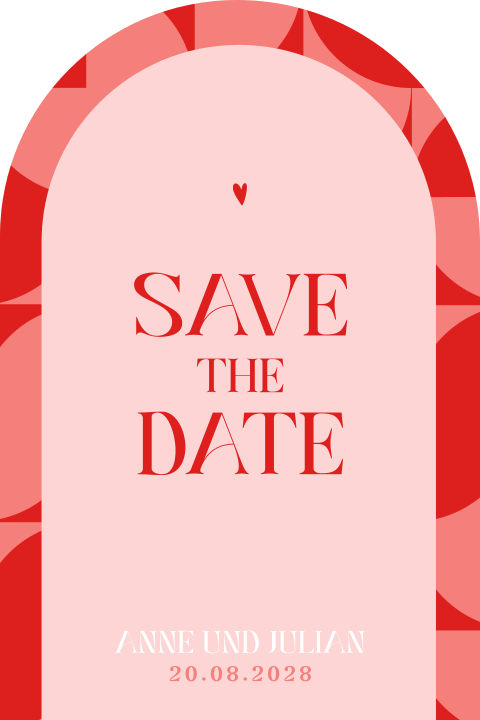 Moderne Save the Date Karte in Bogenform mit bunten Formen und Herzen