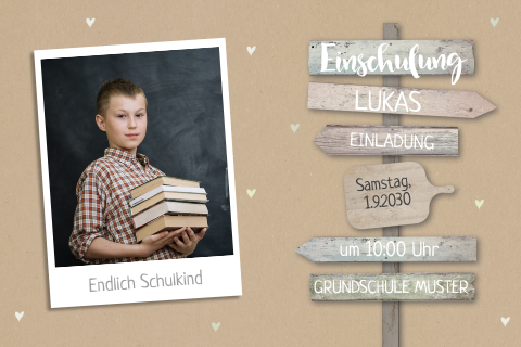 Einladung zur Einschulung mit Wegweiser und Foto