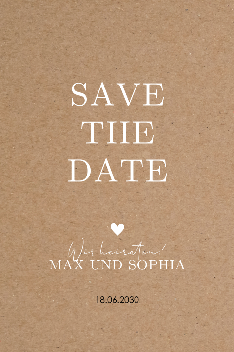 Save-the-Date Karte im Kraft-Look mit weißer Schrift und Herzchen