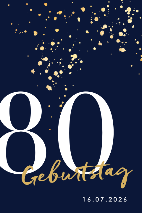 Dunkelblaue Einladung zum 80. Geburtstag mit goldgelben Farbklecksen