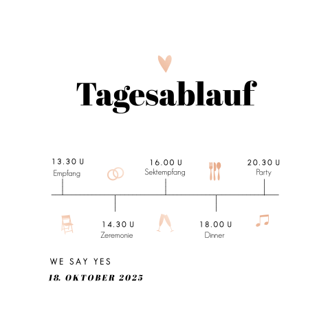 Tagesablaufkarte für die Hochzeit mit Roségoldfolie
