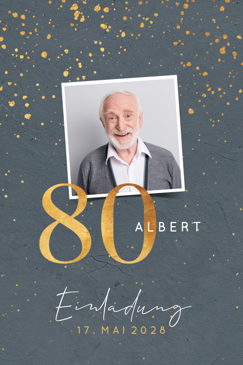 Schicke Geburtstagseinladung zum 80sten mit Gold Look Hochformat