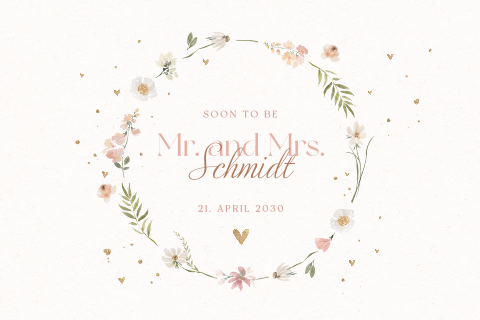 Romantische Hochzeitskarte mit Blumenkranz und Herzchen in Goldoptik