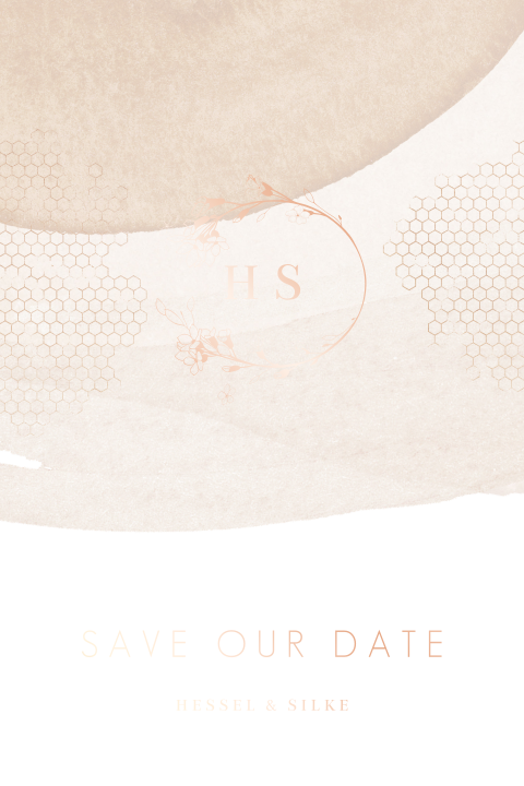 Save-our-Date-Karte mit Initialen im Kreis aus Trockenblumen