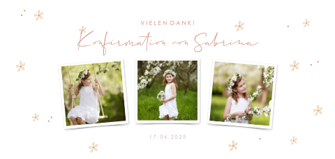 Danksagung Konfirmation mit drei Fotos und Blümchen im Panorama-Format