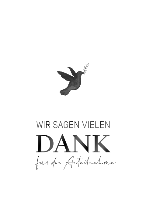 Trauer Danksagung mit schwarzer Taube auf weißem Hintergrund