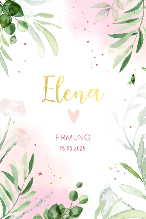 Einladung zur Firmung mit Zweigen, Blättern, Goldfolie und Herzen