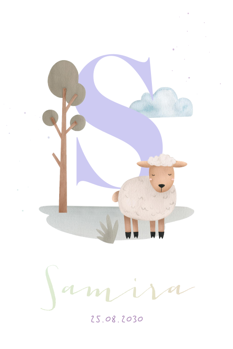 Niedliche Geburtskarte mit Schaf, Initialien und Foto auf der Rückseit