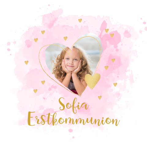 Süße Mädchen Kommunionskarte mit Aquarell-Look und Herzen