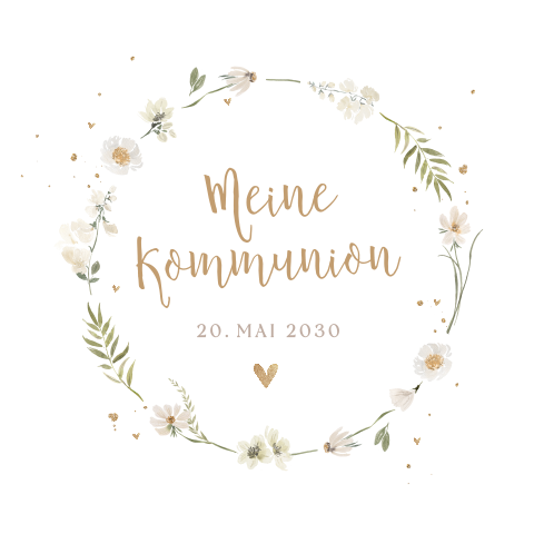 Einladung zur Kommunion mit Blumenkranz und Herzchen