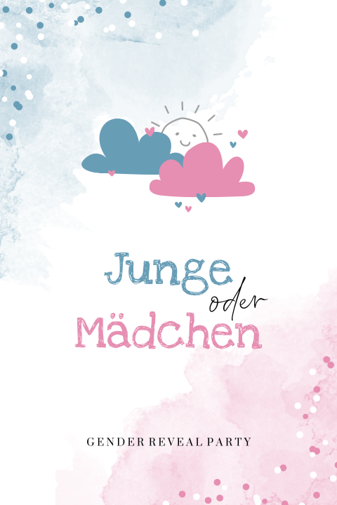 Gender Reveal Einladungskarte mit rosa und hellblauen Wolken