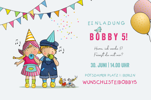 Einladung zum Kindergeburtstag mit Ballons, Wimpeln und Kindern
