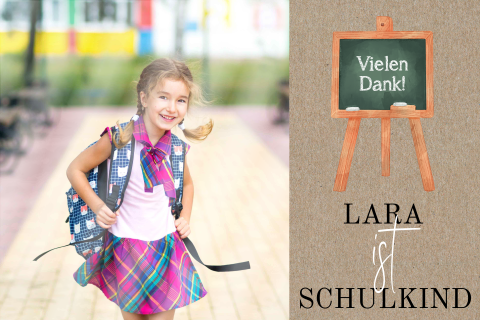 Dankeskarte zur Einschulung im Kraft-Look mit Foto und Schultafel
