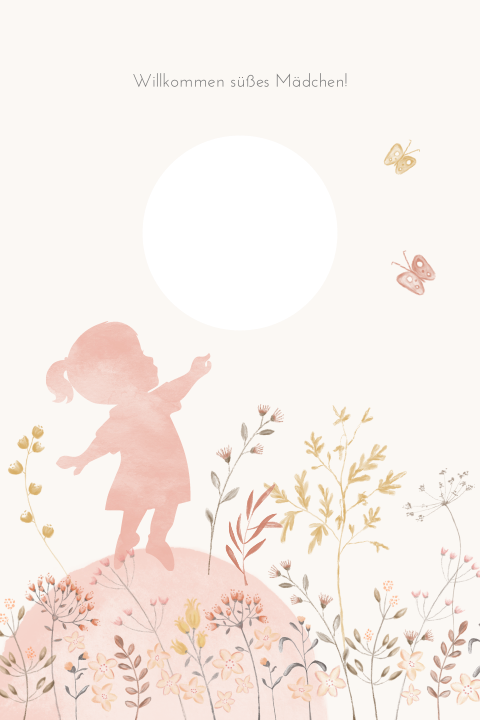 Schöne Geburtskarte mit Ausschnitt und Blumenzweigen Mädchen