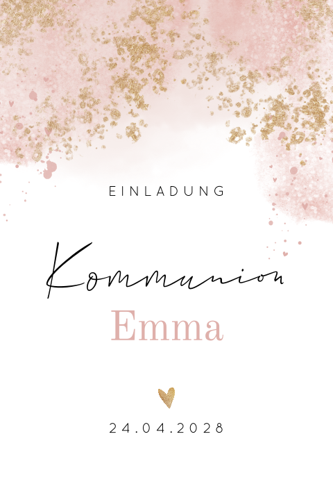Einladung Kommunion mit rosa Aquarellfarbe und Goldspritzer