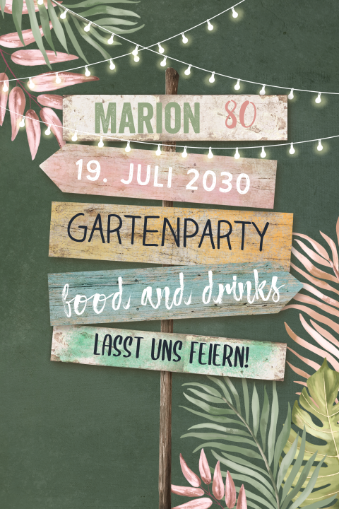 Einladung zum 80. Geburtstag Gartenparty mit Wegweiser