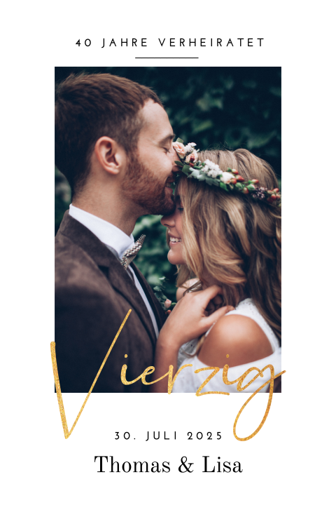 Moderne Rubinhochzeitseinladung mit Foto und goldener Schrift