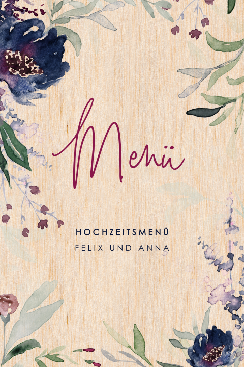 Kunstvolle Menükarte auf Holz mit Aquarell-Blumenrand