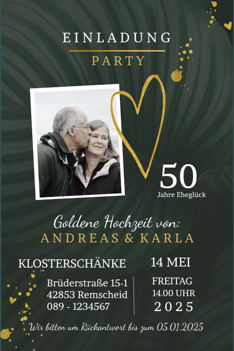 Einladung zur Goldenen Hochzeit mit Goldfarben und Blättern