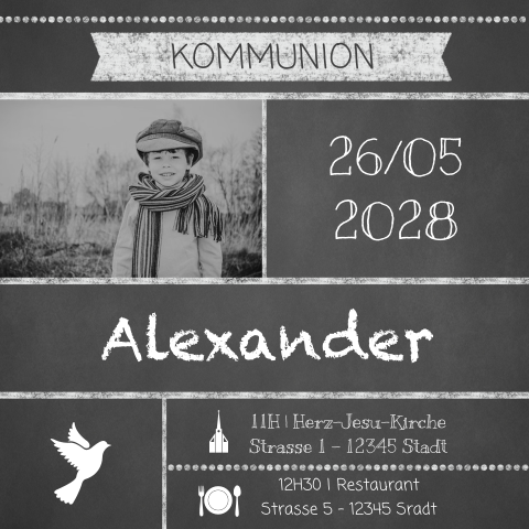 Coole Kommunionkarte für einen Jungen mit Schultafel und Foto