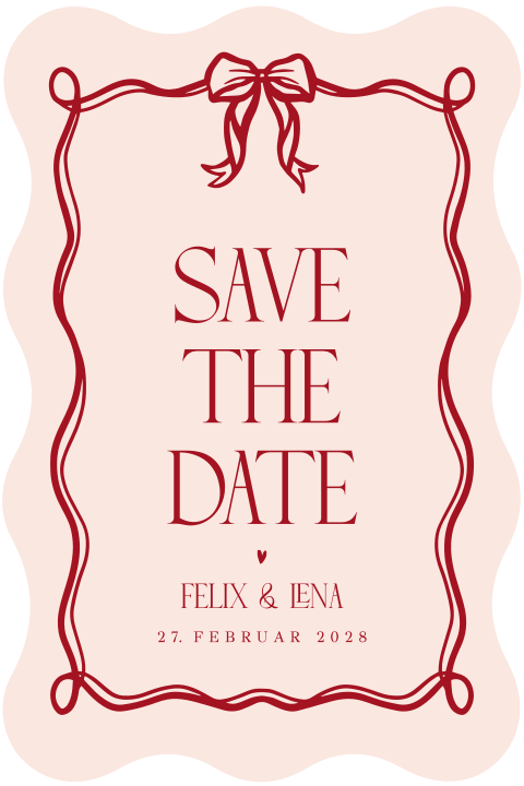 Save the Date Karte in Beige mit welligem, roten Rahmen und Schleife