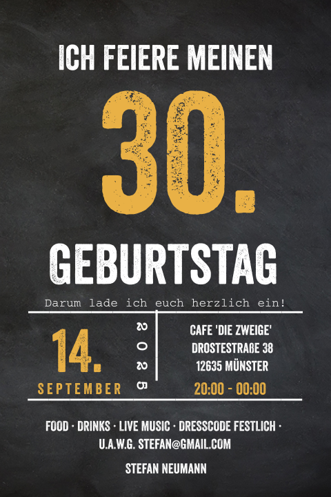 Einladung zum 30. mit gelben Farbakzenten und dunklem Hintergrund
