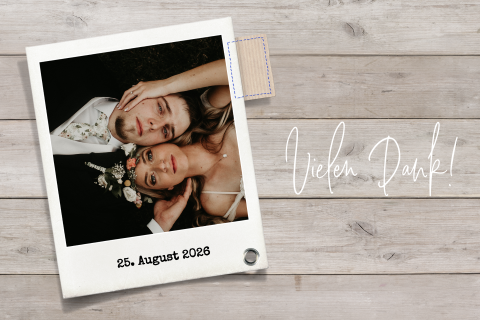 Dankeskarte Hochzeit Holz-Look mit Fotos
