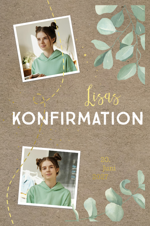 Einladung zur Konfirmation im Kraft-Look mit Goldfolie und Fotos