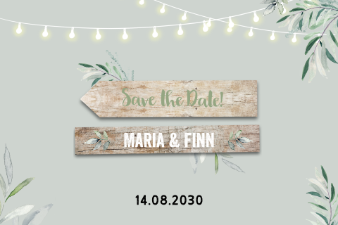 Save the Date mit  Wegweisern,  Lichterketten und Zweigen