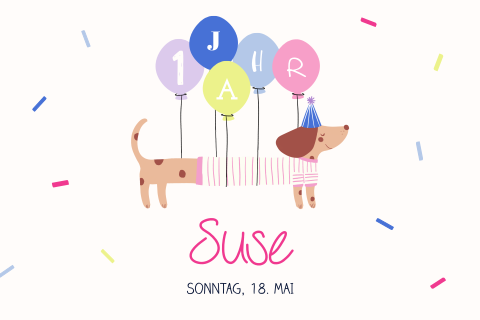 Einladung zum ersten Geburtstag mit witzigem Hund