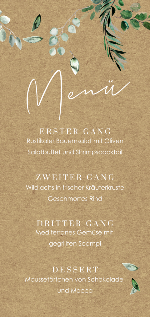 Menükarte im Kraft-Look mit Eukalyptuszweigen