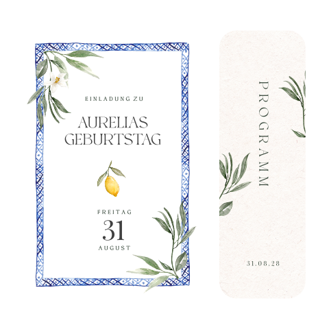 Sommerliche Einladung Geburtstag Kartenset mit Zitronen und Zweigen