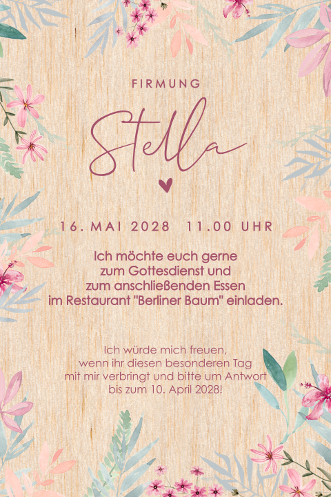 Einladungskarte zur Firmung aus hellem Holz mit Frühlingsblumen