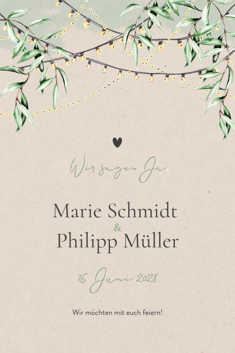 Hochzeitseinladung mit Lichterketten und Blättern