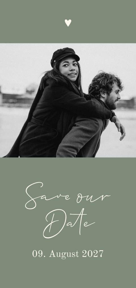 Grüne minimalistische Save-the-date-Karte mit Foto