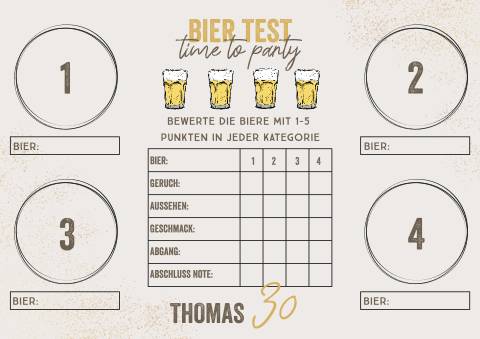 Tischset zum 30. Geburtstag mit Bier Bewertungsspiel oder Test