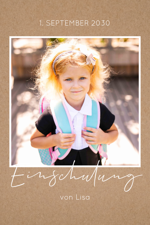 Einladung zur Einschulung mit drei Fotos im Kraft-Look