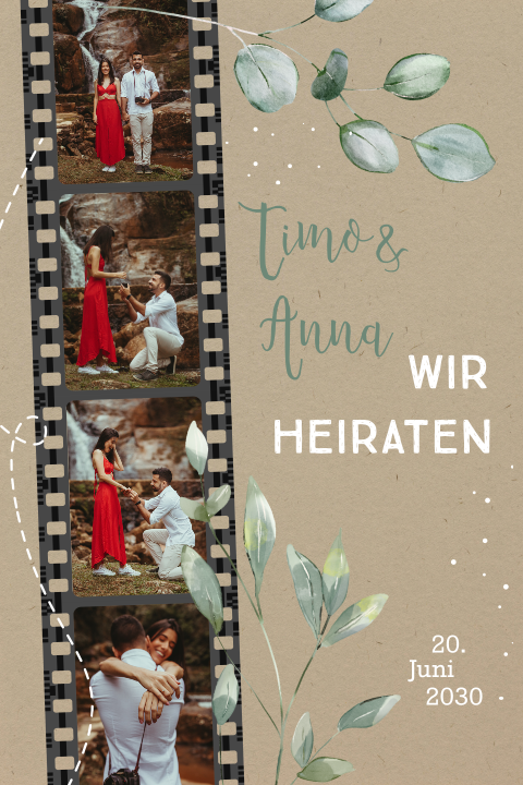 Einladung Hochzeit im Kraft-Look mit Eukalyptus und Fotostreifen