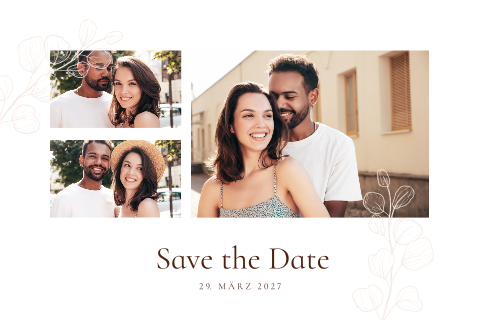 Elegante Save the Date Karte mit eigenen Fotos und filigranen Zweigen