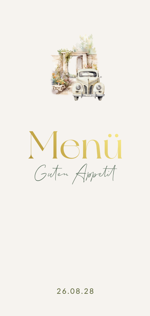 Romantische Dankeskarte zur Hochzeit mit Torbogen und klassischem Auto