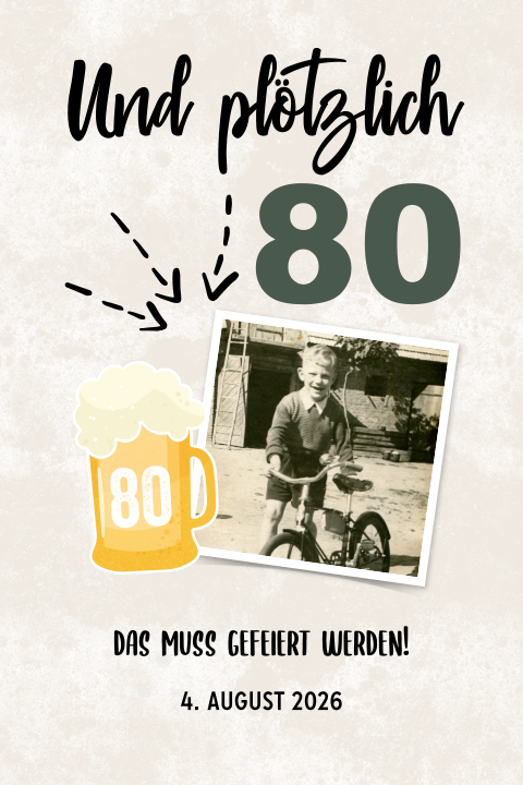 Einladung zum 80.Geburtstag mit Bierglas und Foto